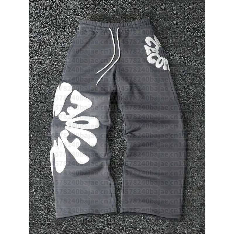 2026 Men's Kid Soft Loose Fit Pants Grey White Bubble Letter Print Drawstring Waist Breathable Casual Streetwear Trousers