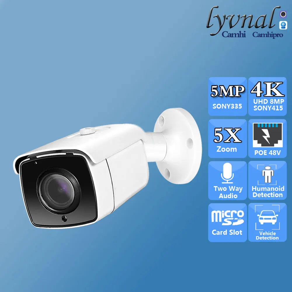 

SO-NY415 4K 8MP 5X Auto Zoom Bullet Security IP Camera POE 48V 5MP Two Way Audio Waterproof Human Car Detection IR Night Version