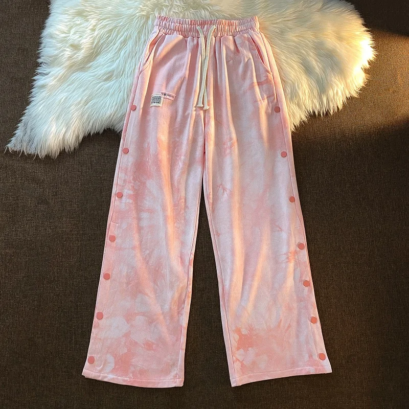 Tie Dye Print Long Pants Women 2021 Casual Loose Straight Pants Elastic Waist Streetwear Split Button Trousers Hip Hop Pants