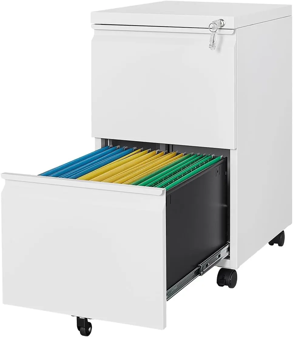 

2 Drawers Vertical File Cabinet - Fully Assembled White Under Desk Mobile Filling Cabinet Small Lockable Home Office File Cabine