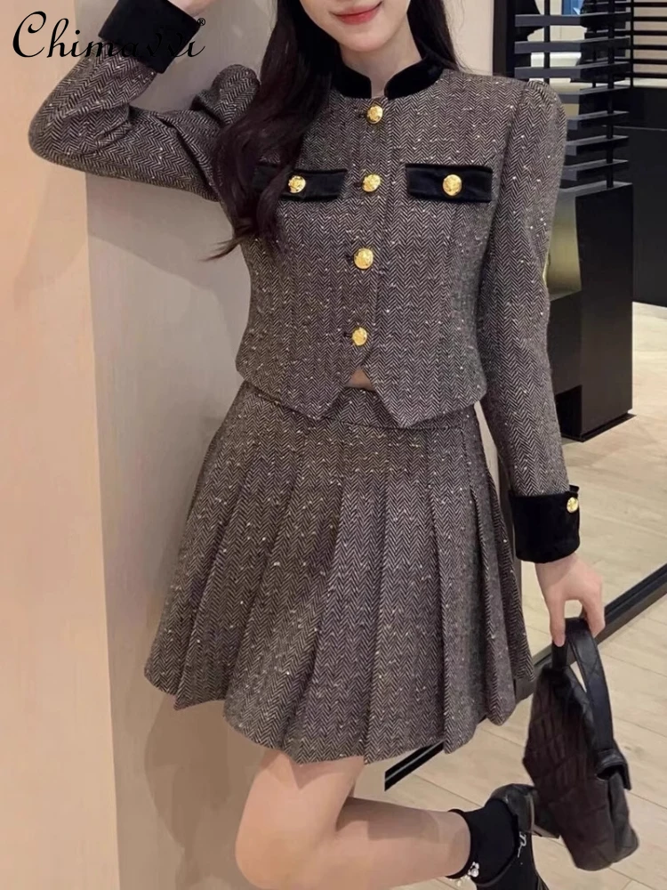 

French Elegant Socialite Fashion Skirt Set Single-breasted Short Jacket High Waist Pleated Skirt Two-piece Sets For Women Autumn