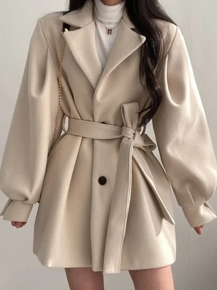 

Vintage Woolen Coat Women Autumn Winter Lantern Sleeve Lapel Coat Female Korean Fashion Elegant Bandage Hepburn Style Overcoat