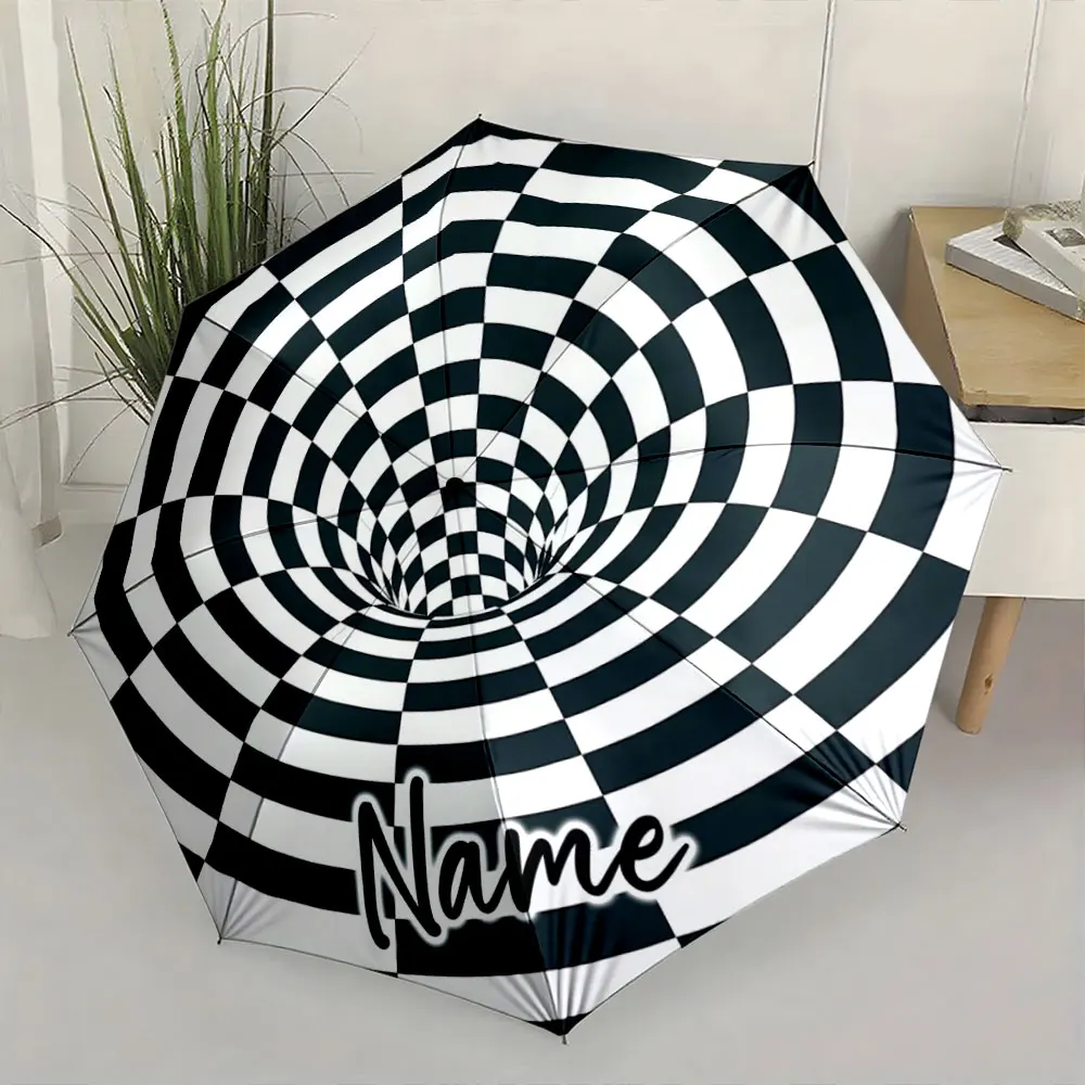 Custom Name  Checkered Optical Illusion Umbrella Design Print 8 Iron Ribs Folding Umbrella Auto-Open Fashion Sunshade