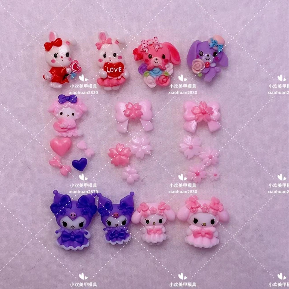 Cute Sanrio Kuromi Mymelody Hello Kitty Acrylic Nails Mold Doll 3D Rabbit Bowknot Shape Diy Handwork Silica Gel Nails Mold Tool