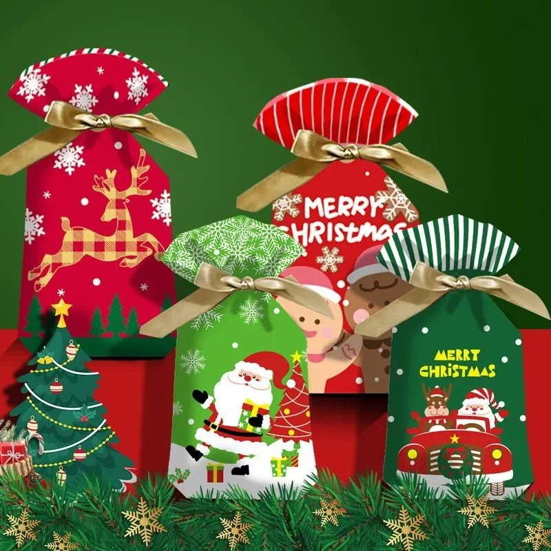 10Pcs Christmas Candy Gift Bags Cookie Sweet Packaging Drawstring Bag Christmas New Year Party Supplies