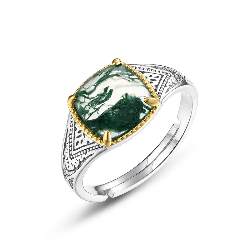 925 Sterling Silver Cushion Gemstone Adjustable Rings For Women Natural 8*8mm Green Moss Agate Texture Fine Jewelry Unique Gift