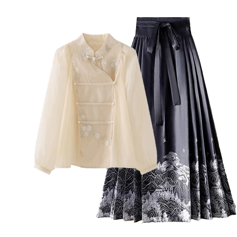 New Chinese Style National Trend Improved  Tailed Skirt Women's Spring Autumn New High-End Feeling Match Thin Hanfu Shir...