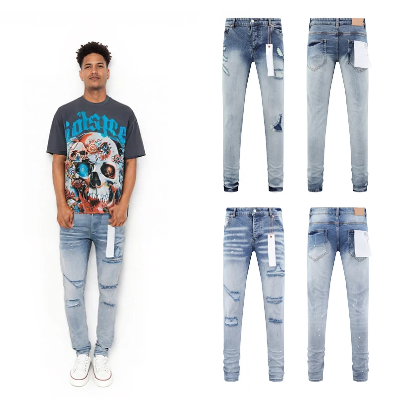 

Man Clothing Hip-hop Streetwear Slim Fit Denim Jeans Gradient Stripe Vintage Casual Retro Printed Ripped Jeans Straight Trousers