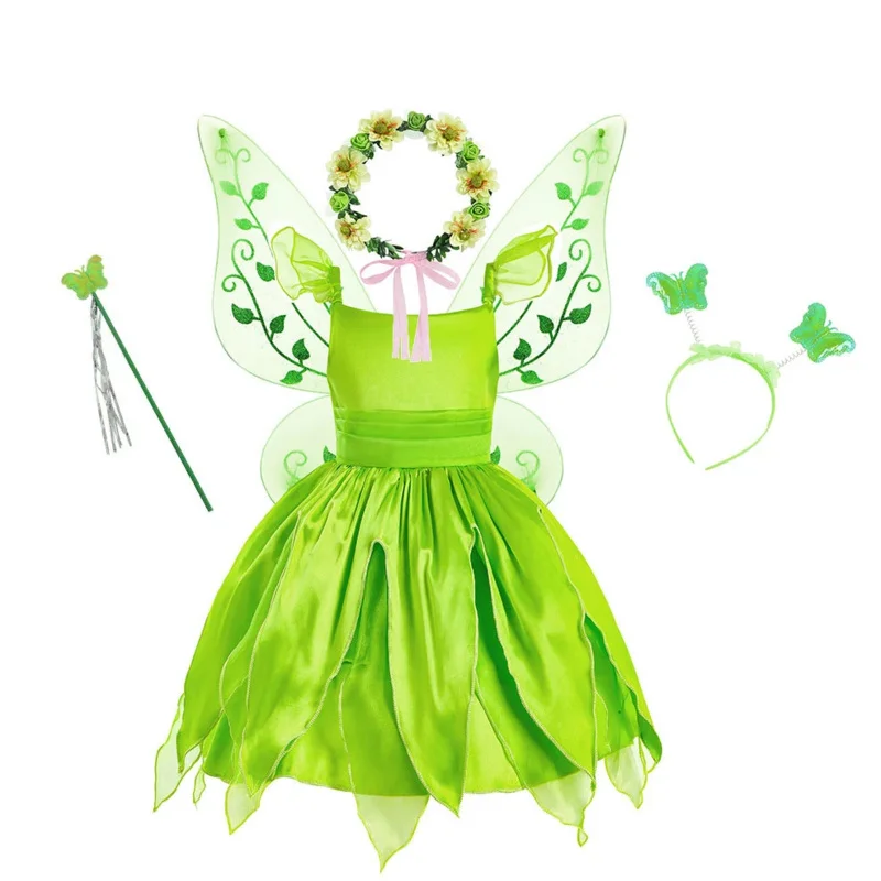 Halloween Cosplay Princess Baby Girls Party Green Flower Fairy Tinker Bell Dress Elf Costume with Butterfly Wings Sets 2-10Y