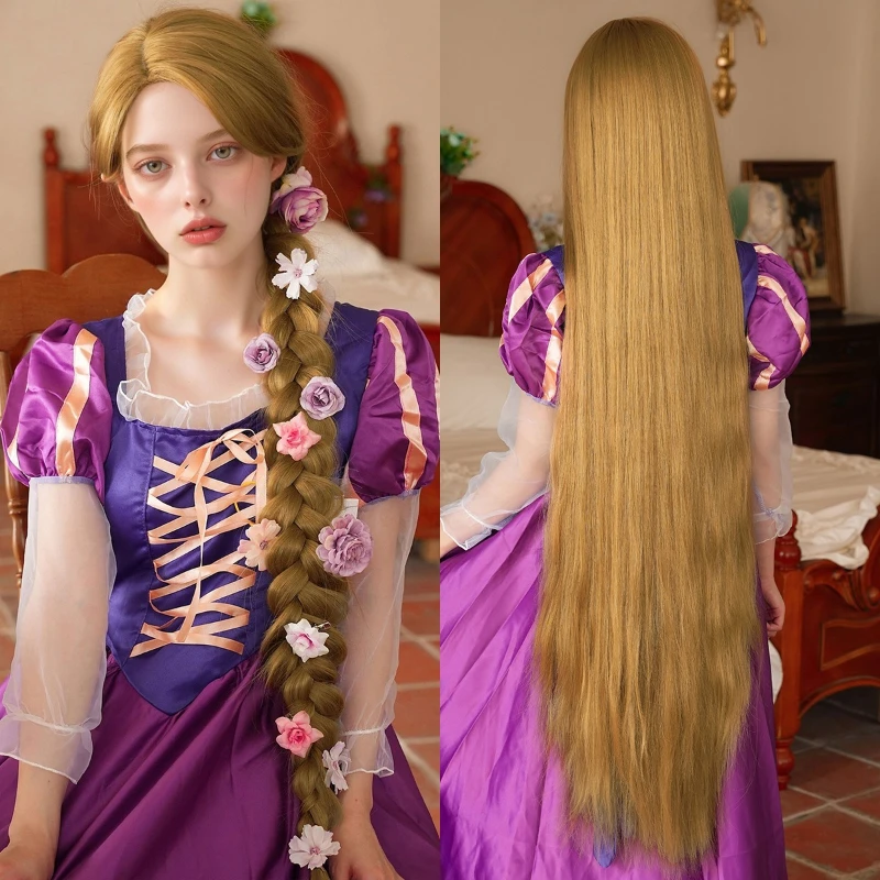 Disfraz de princesa Rapunzel de Anime para niñas y mujeres, peluca de 124CM, peluca rubia extra larga y recta, peluca de fibra sintética