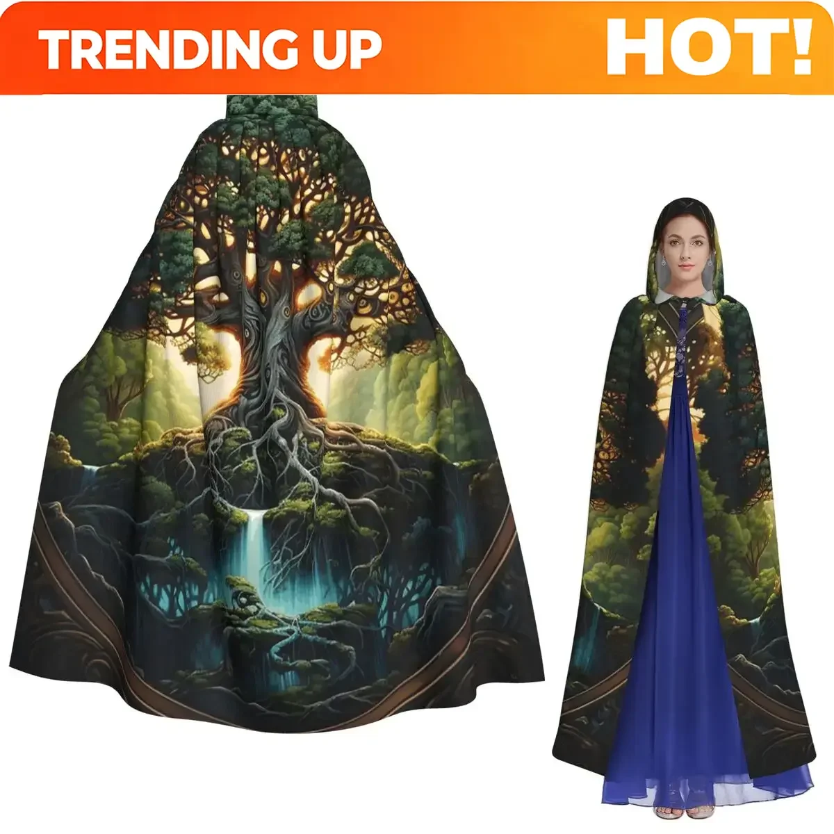 Customization Great Tree Of Life Digital Print Long Hooded Cloak Witch Medieval Costume Cosplay Cape HalloweenCoat Adult Unisex