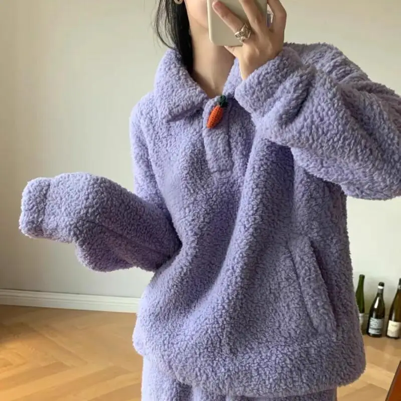 

Girl Pajamas Suit Spring Autumn Fleece-Lined Minimalist Sleepwear Thicken Woman Nightwear Set Purple; Coral Fleece Homewear