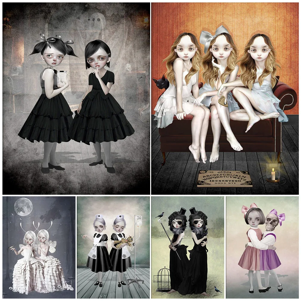 

Vampire Sisters ,Witch,Moth Girl,Gothic Wall Art Canvas Painting Creepy Cute Twin Sisters,Witch Aesthetic Art Poster Print Decor