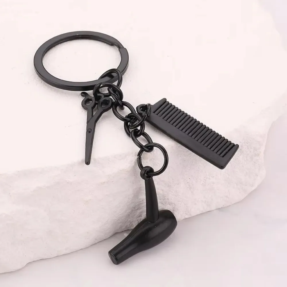Fashion Accessory Mini Comb Barber Keychain Metal Hanging Ornament Key Chain Hair Dryer Key Ring For Men Women