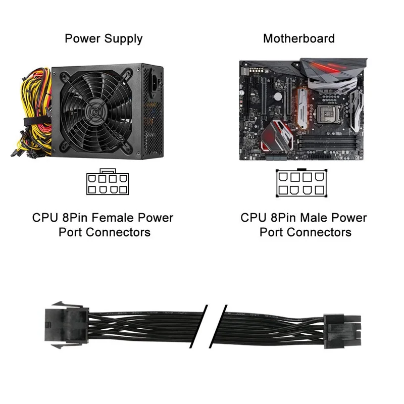 Cable de extensión de CPU de 8 pines, placa base ATX CPU de 8 pines hembra a 8(4 + 4) pines macho, Cable de extensión para fuente de alimentación PSU, 2 uds.