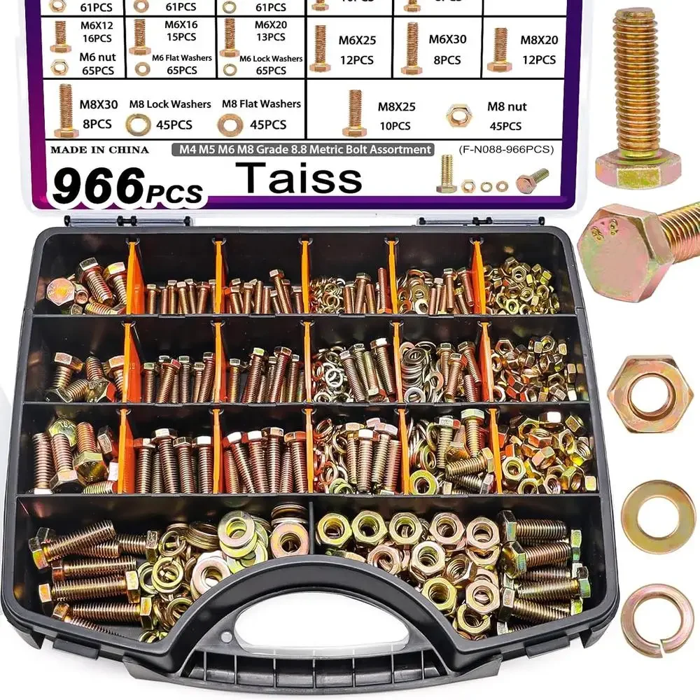 966pcs Metric Bolt Assortment Kit M4 M5 M6 M8 Grade 8.8 Heavy Duty Bolts Nuts Washers DIY Furniture Motorcycle Auto Repair