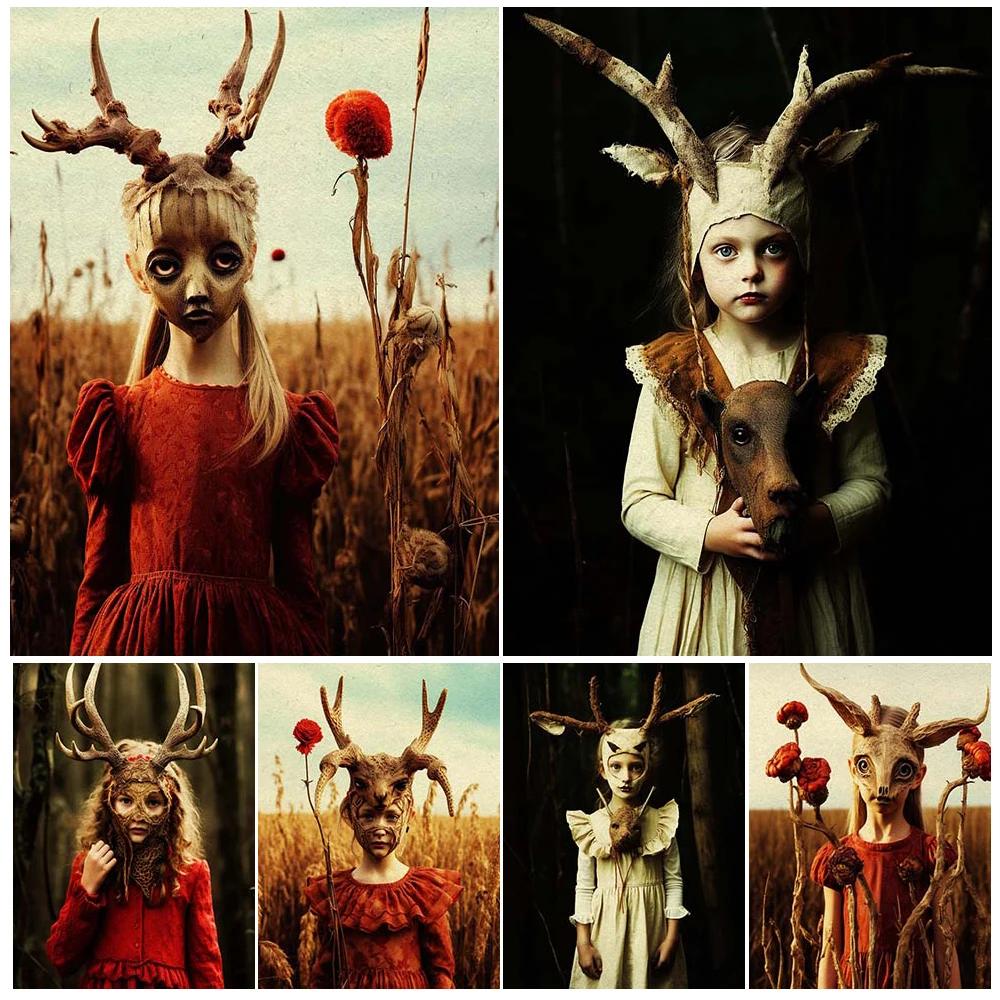 

Little Girl Wearing A Weird Antler Mask Vintage Wall Art Canvas Painting Weird Girl Creepy Fantasy Art Poster Print Home Decor