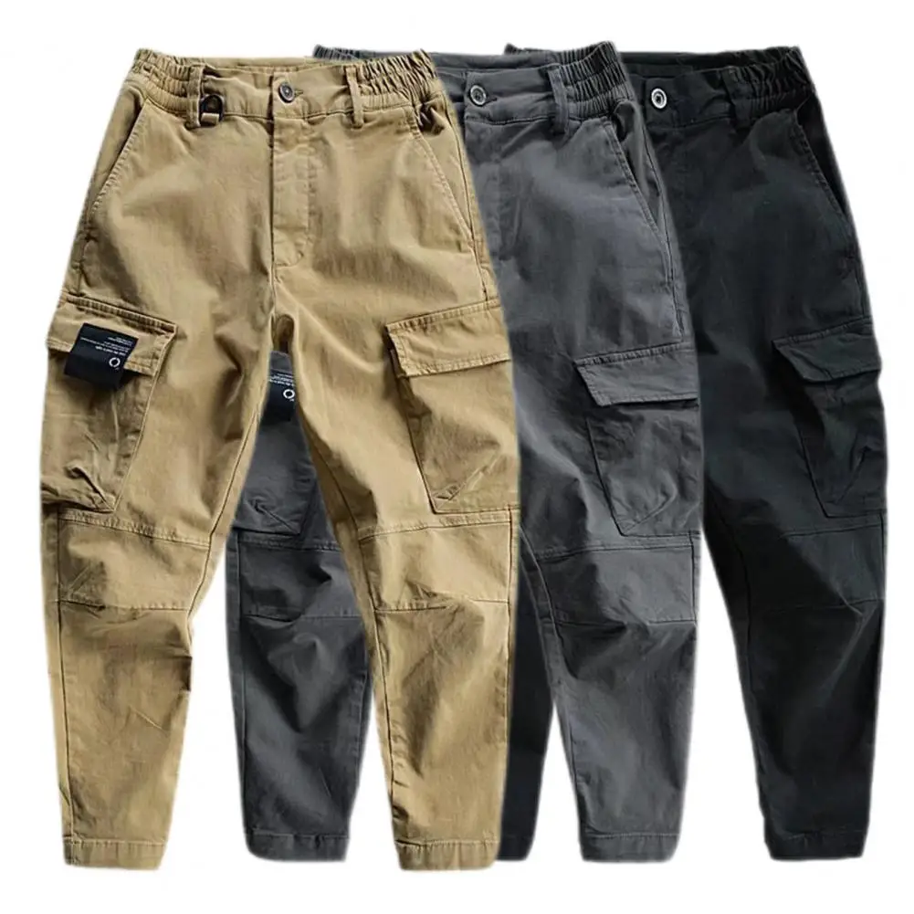 2024 Men Cargo Pants Multi Pockets Elastic Waist Button Fly Ankle-Length Man Pants Training Slacks  Sports Casual Joggers Pants