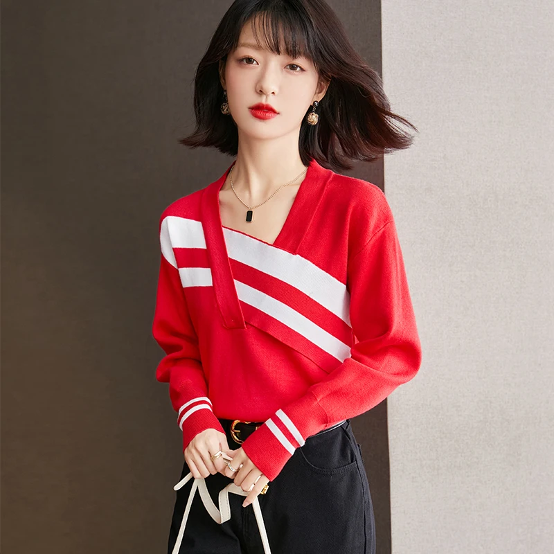 

2025,New,European,Clothes,Fall,Winter,Sweater,Chic,Sexy,Irregular,Women,Long Sleeve,Knitted,Pullover,Color Blocking,Tops,510058
