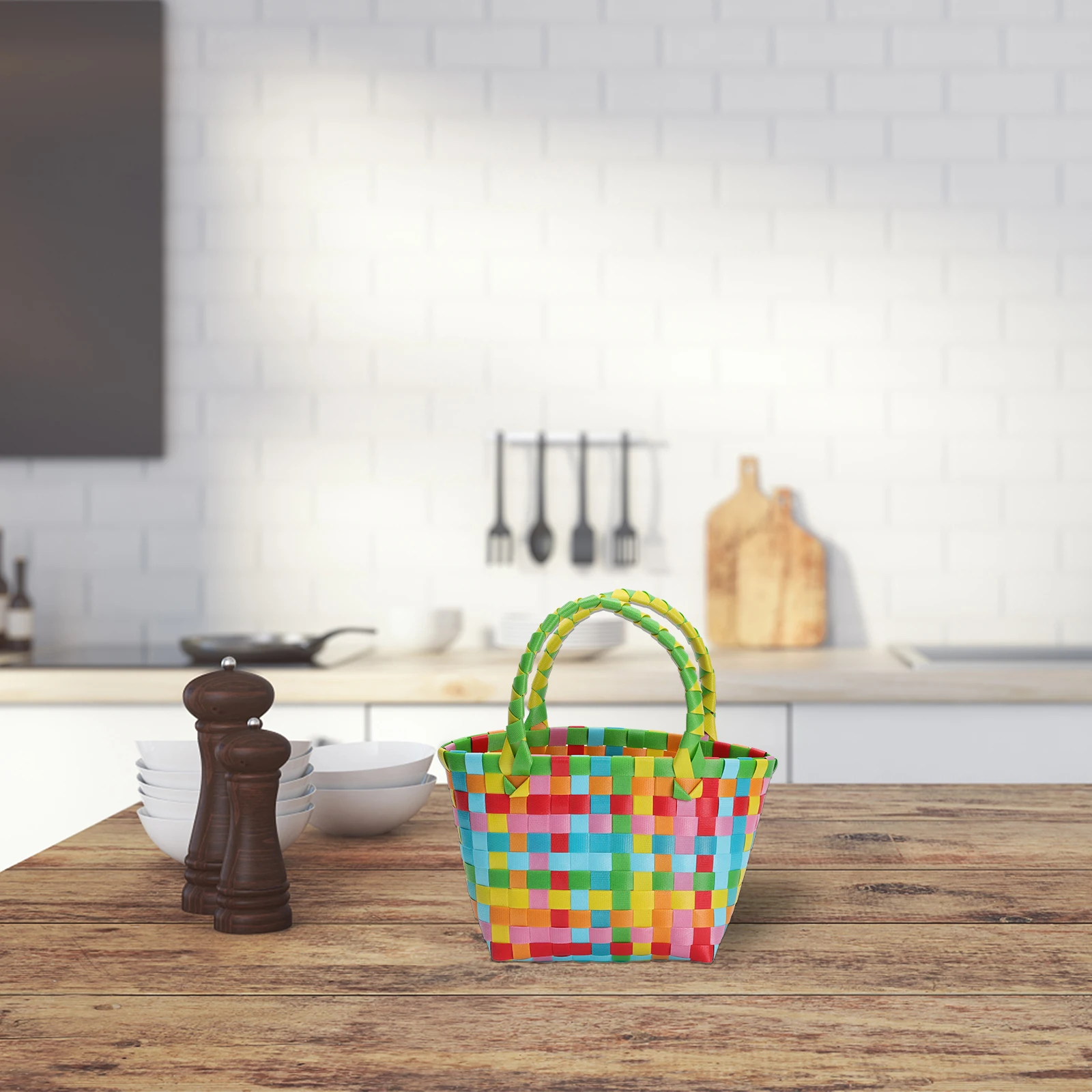 

Colorful Plastic Basket Small Square Bag Green Retro Storage Holder Creative Shape Household Mini Beach Tote Food