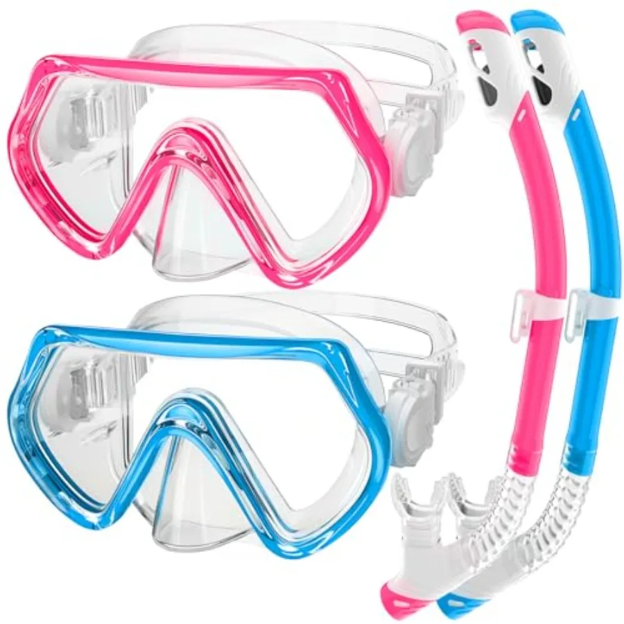 

2 Sets Snorkeling Gear for Ages 3-14, Anti-Fog 180° Clear View Dry Top Snorkel Set, Swimming Mask with Nose Cover and Tempered