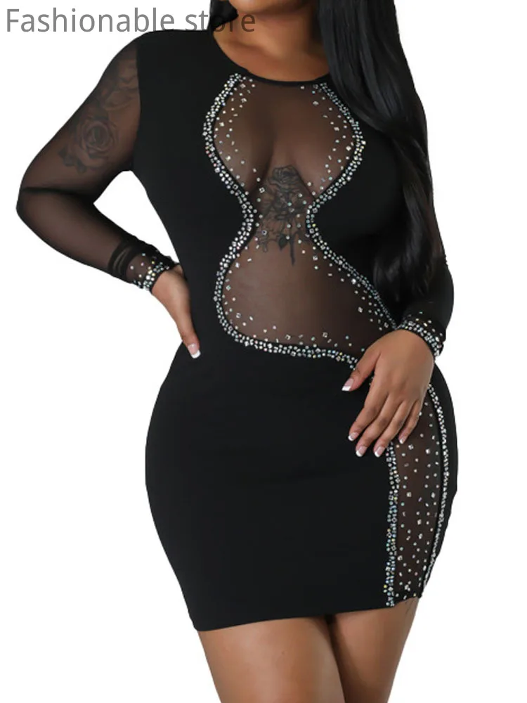 

Sheer Mesh Rhinestone O-Neck Long Sleeve Slim A-Line Dress