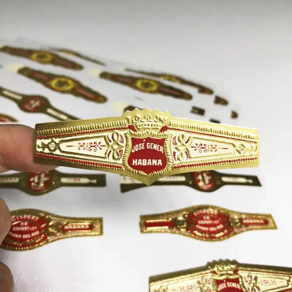 Etiqueta de banda de cigarros con logotipo impreso dorado personalizado, etiqueta de embalaje en relieve, pegatina de alta calidad