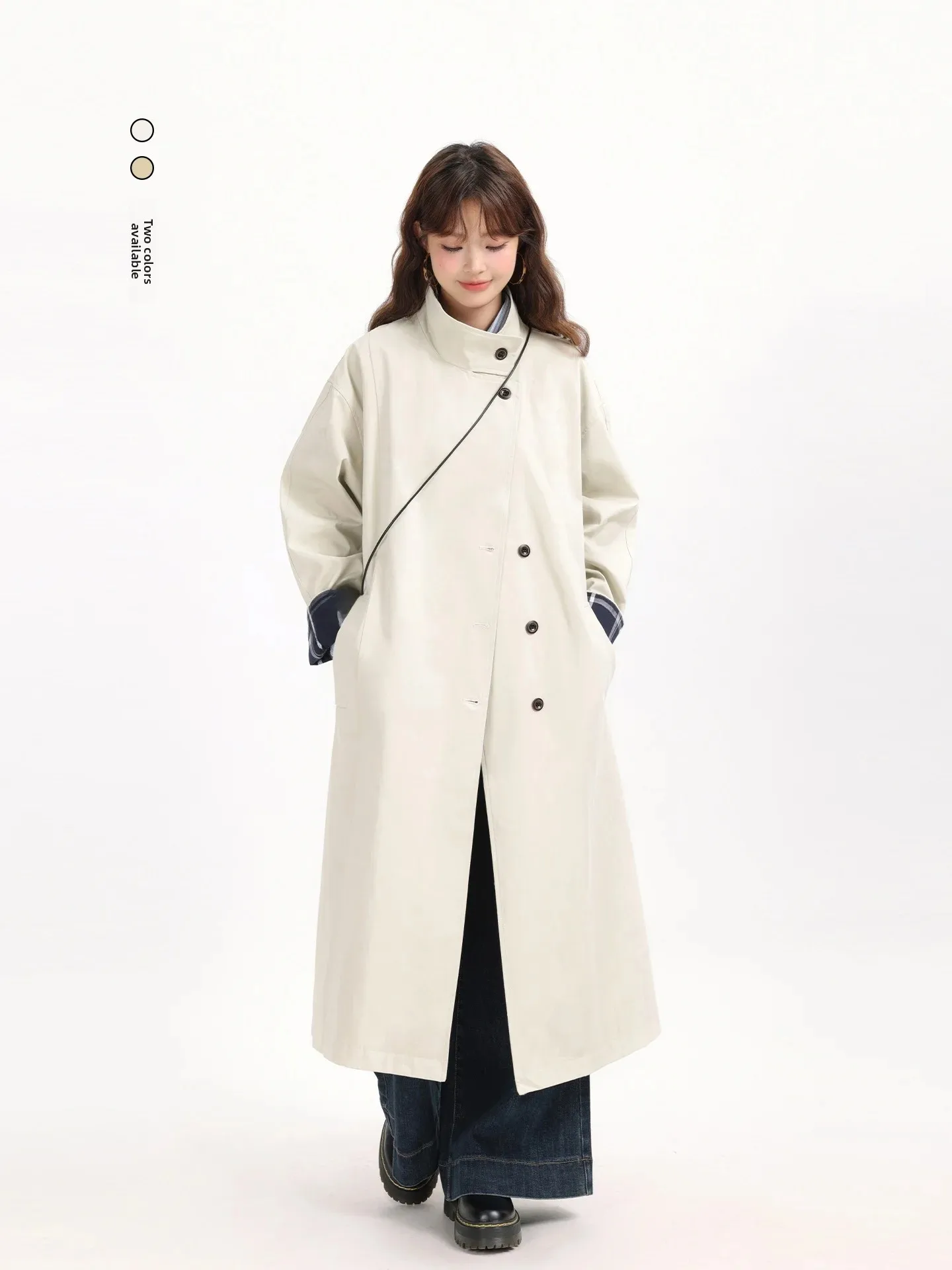 Trendy Plaid Color Block Stand Collar Long Casual Coat Autumn Winter Outerwear Women's Fashion High Quality Windbreaker Jacket