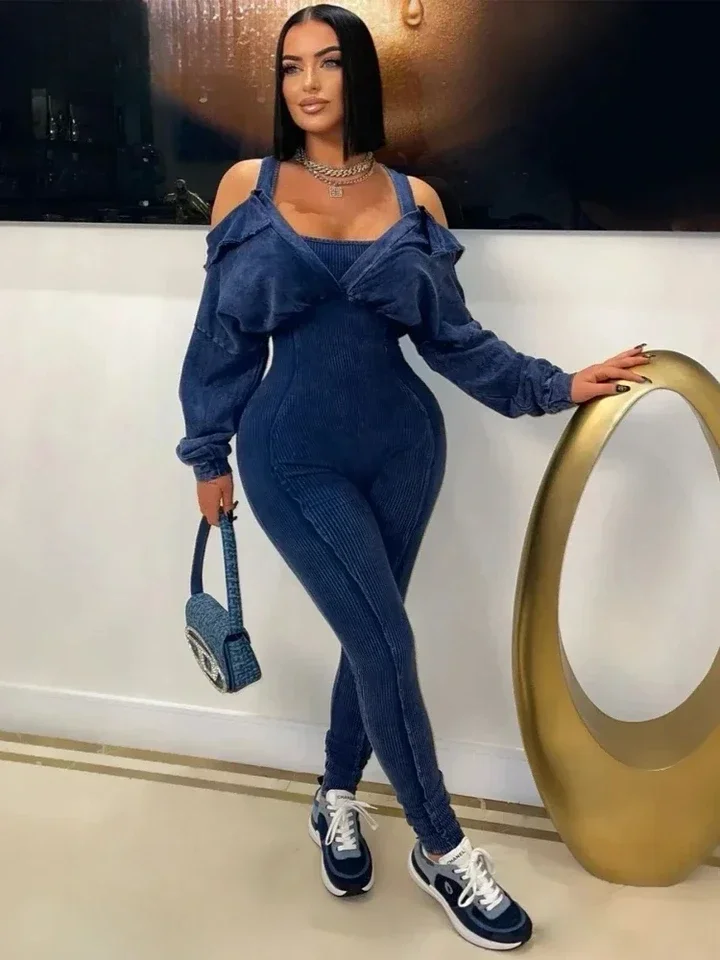 ファッション女性ニットリブ編み長袖モトバイカージャンプスーツストラップ秋ウォッシュドストリートウェアスリムワンピーススーツロンパース