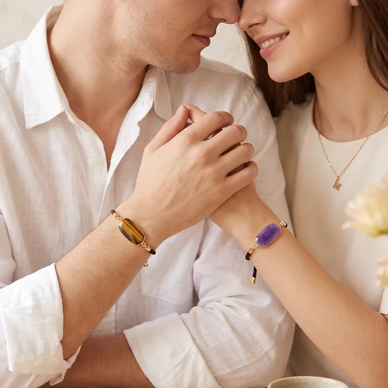 Adjustable Braided Cord Bracelets Rectangle Natural Stone Bezel‑Set Crystal Wrist Rope Minimalist Couple Fashion Hand Jewelry