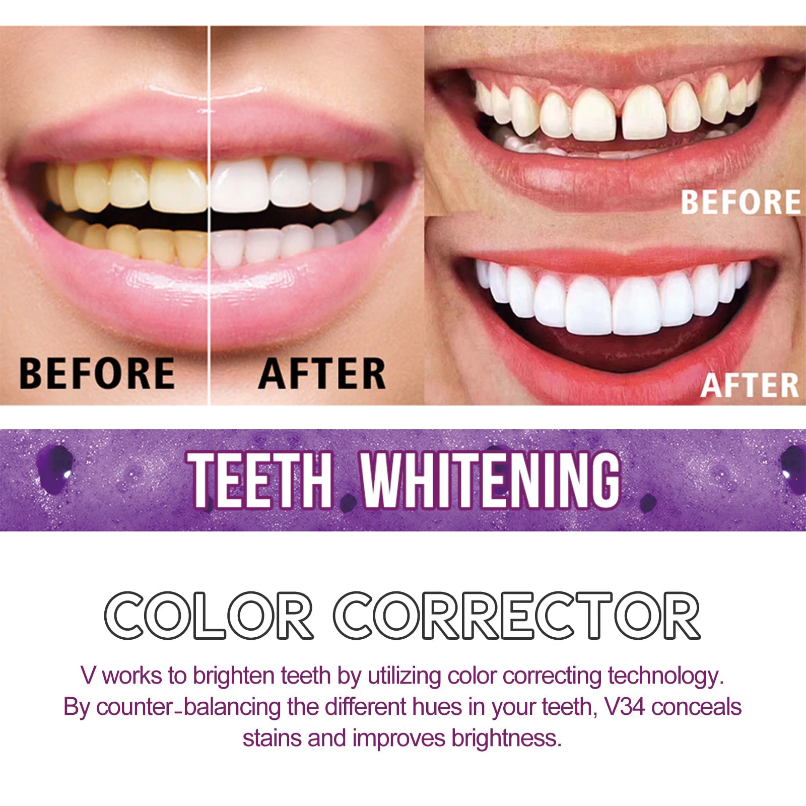 V34 Purple Brightening Toothpaste Removes Dirt, Reduces Yellowing, Cares for Teeth and Gums, Freshens Breath and Keeps Clean