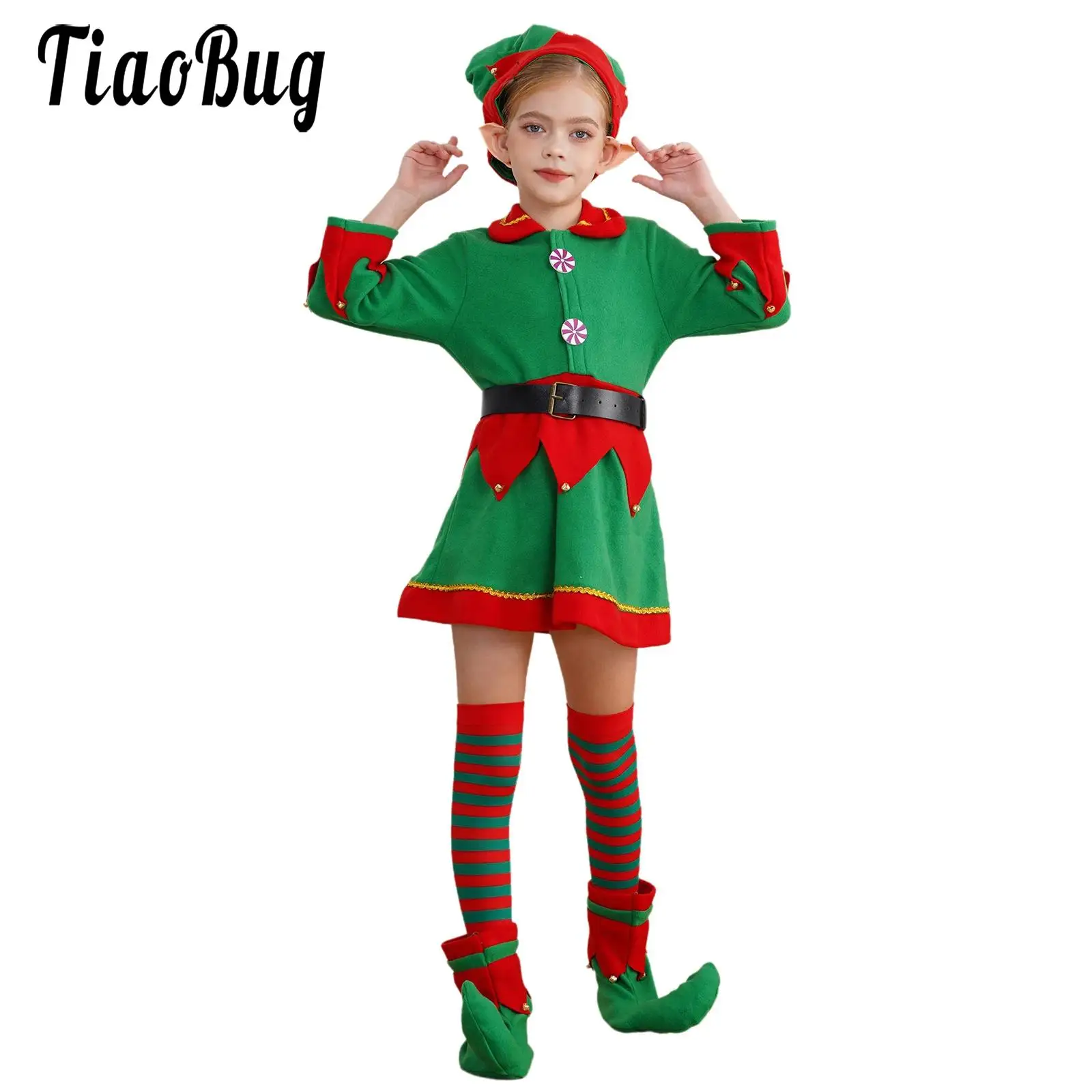 

Girls Green Christmas Outfit Elf Xmas Role Play Costumes Dress with Hat Silicone Elf Ears Belt Stocks and Shoes Covers Set