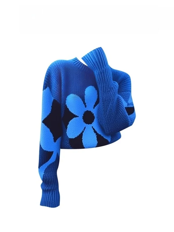 

Свободный вязаный свитер женский с круглым вырезом и длинными рукавами, повседневный, дышащий, комфортный, с цветочной вышивкой