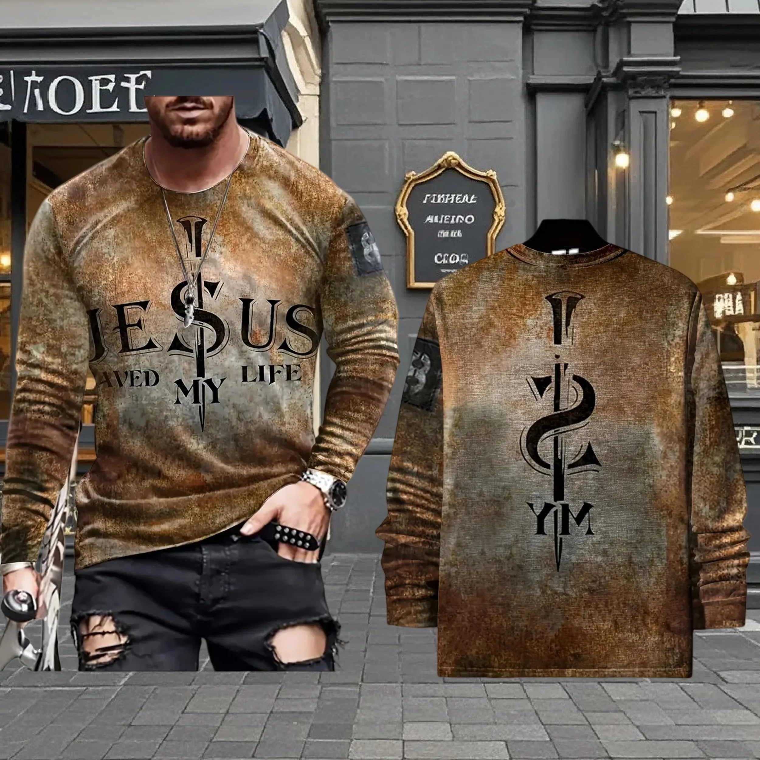 

2025 Spring and Autumn Retro Cross Print Men's T Shirt Street Casual 3D Printed Personalized Round Neck Long Sleeve Large Size