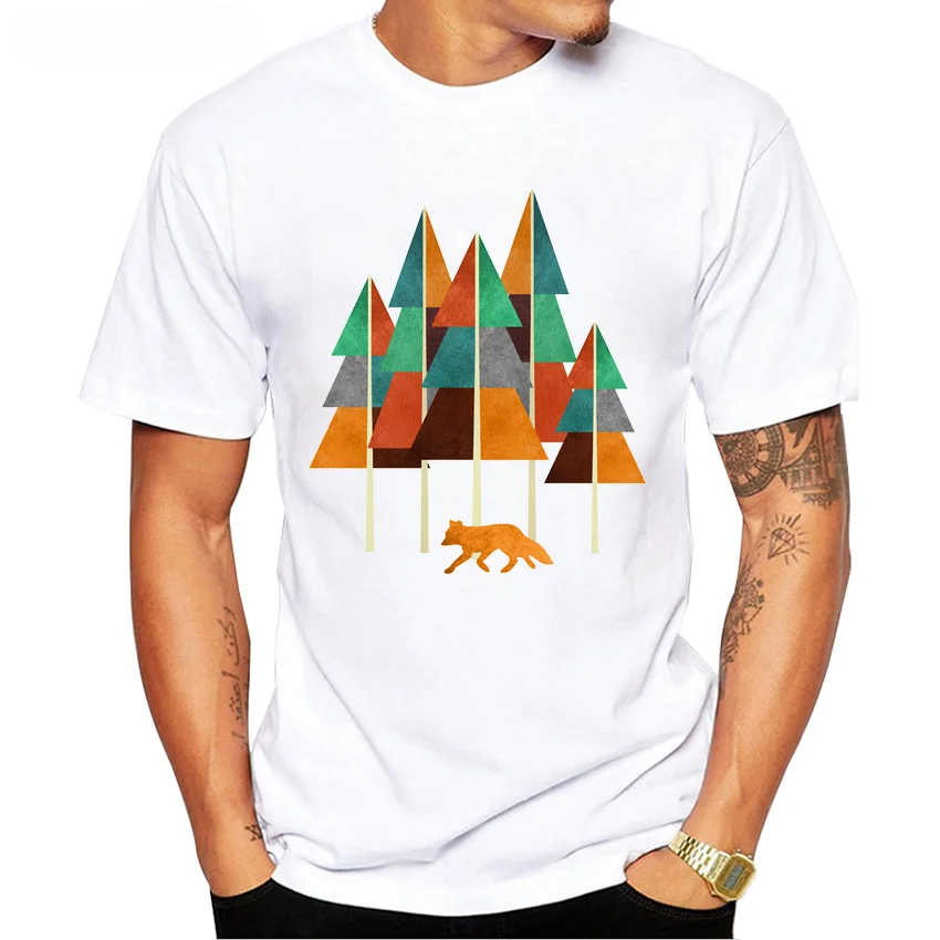 Fashion multicolor geometric forest Printed T-Shirt Summer Men's Hipster Novelty White Printing O-Neck Tee Shirts Tops