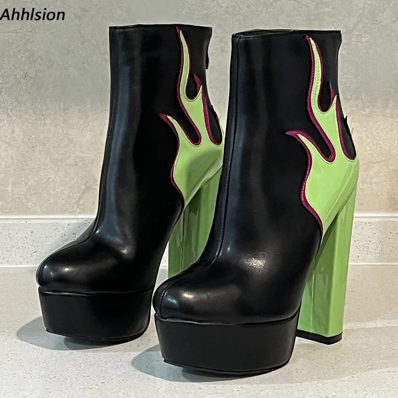 

Ahhlsion/женские зимние ботильоны на платформе, на массивном высоком каблуке с круглым носком, красивая зеленая обувь цвета фуксии для вечеринок, женские размеры США, большие размеры 5-20