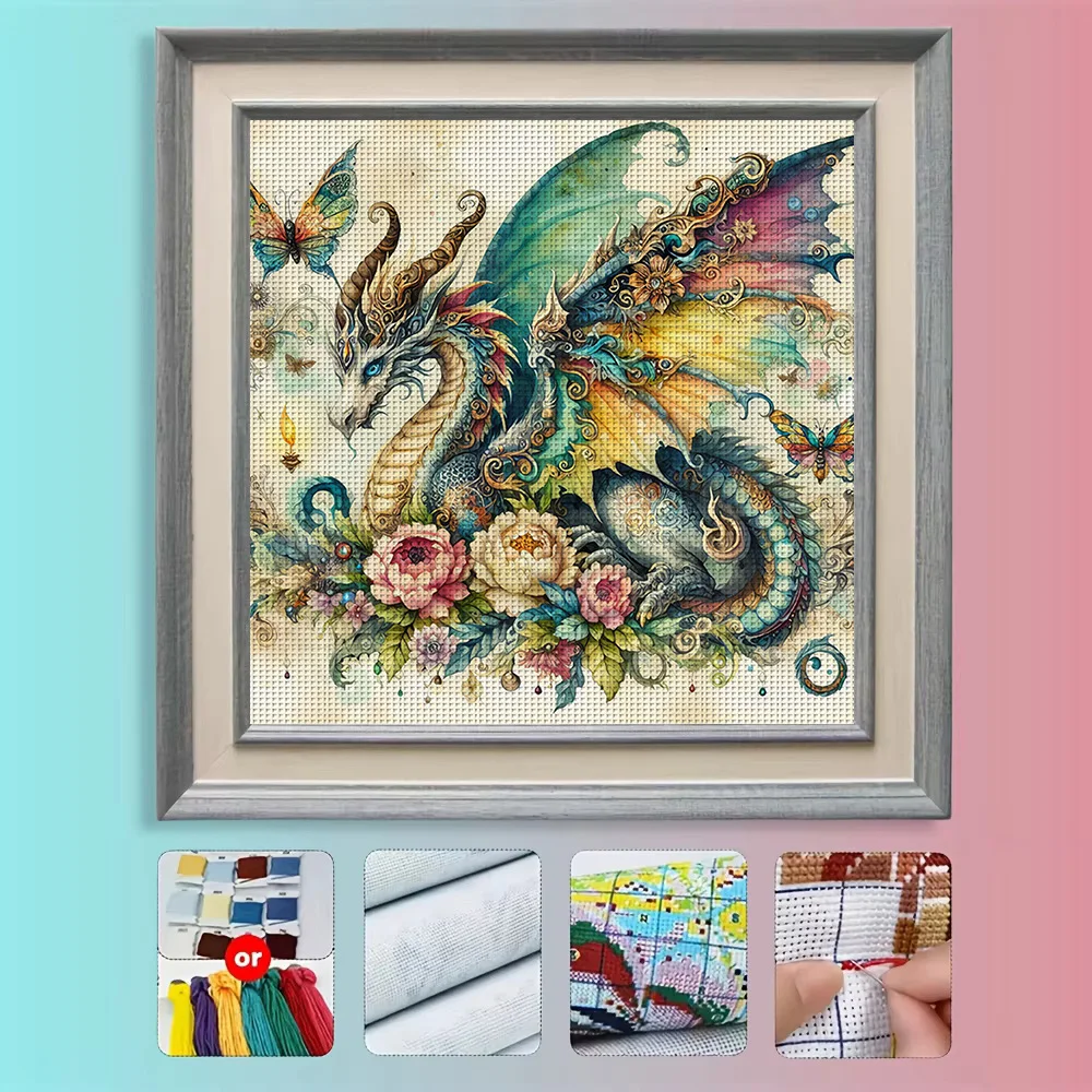1PC 46X46cm/18.11X18.11inch, 11CT Print Cross Stitch DIY Kit, Dragon Slumbers, Adult Beginner's Relaxed Cross Stitch Stitch Set