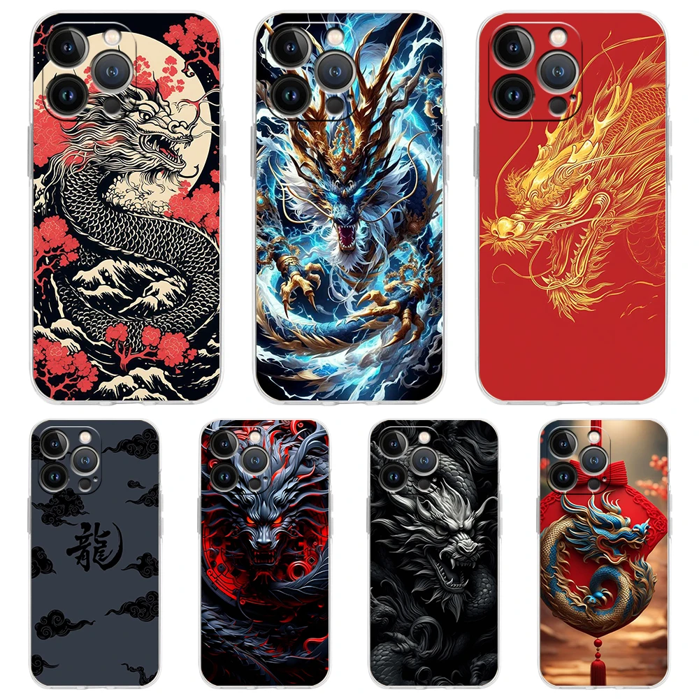 

Soft TPU Transparent Phone Case for iPhone 16 15 14 13 12 11 Pro Max 16E 8 7 Plus XS Shell Trend Fashion Cartoon Chinese Dragon