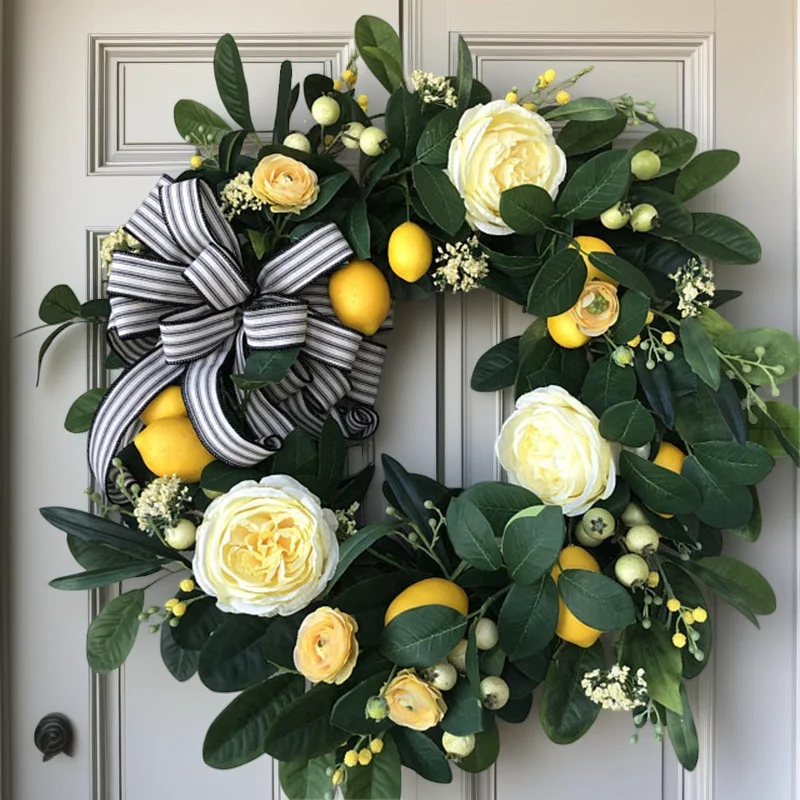 

Lemon Wreath Summer Artificial Preserved Flower Door Hanger Wall Decor Garlands For Home Porch Wedding Party Factory Direct