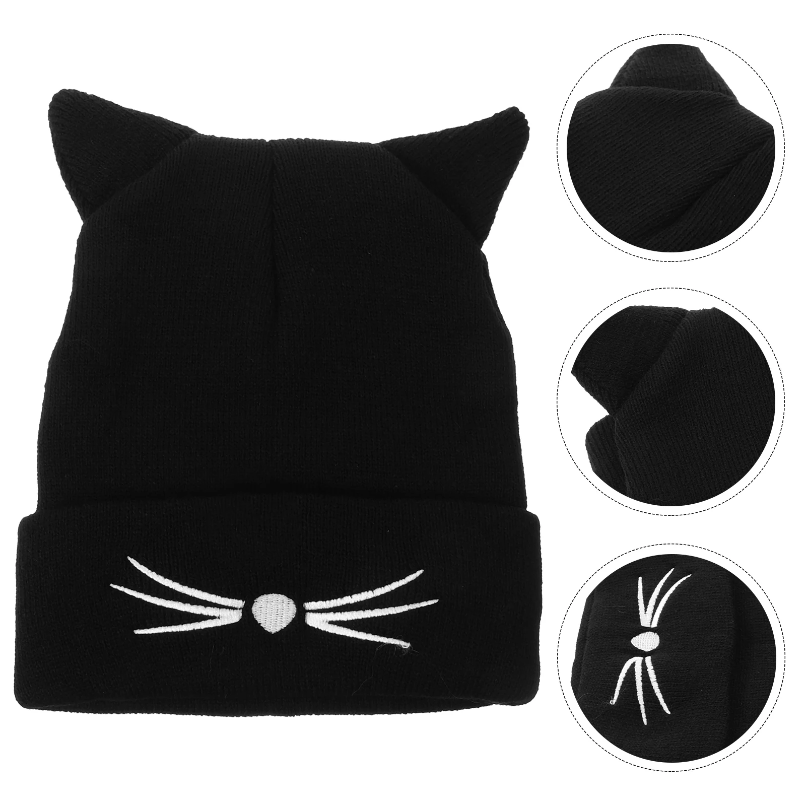 

Winter Warm Knit Beanie Thick Stretchy Cat Ear Pom Pom Hat Women Black Cozy Winter Headwear Warm Knitting Cap For Cold