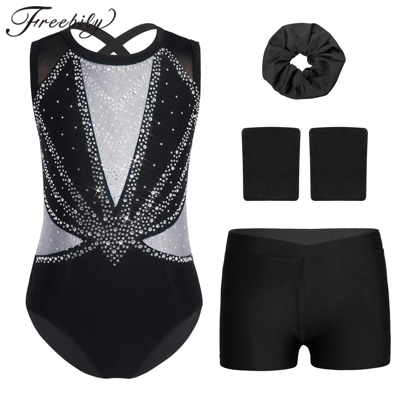 

Kids Gymnastics Leotards for Girls with Shorts Figure Skating Dancewear Sleeveless Crisscross Ballet Gymnastics Dance Outfit