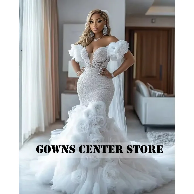 African Luxury Mermaid Wedding Dress Exquisite Handmade Flower Lace Bride Dress Pleat Layered Plus Size Dress Customized
