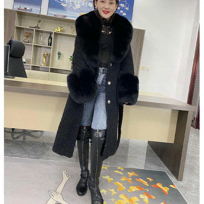 2023 New Winter Women Wool Blends Long Coat Real Fox Fur Collar Cuffs Thick Warm Jacket Tweed New Luxury Outwear Female Coat