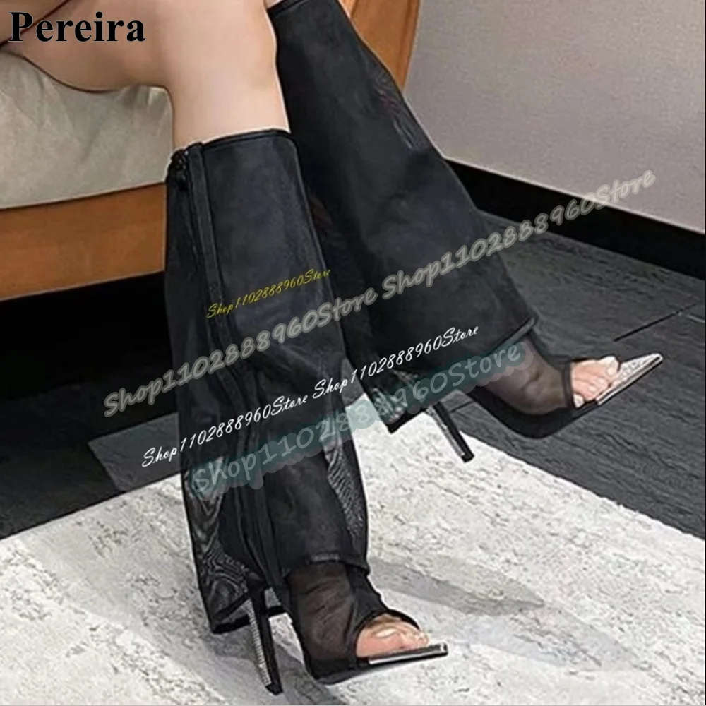 

Knee High Folded Black Gauze Pointy Sandal Boots Thin High Heel Women Shoes Side Zipper Open Toe Sexy Party Casual Women Boots