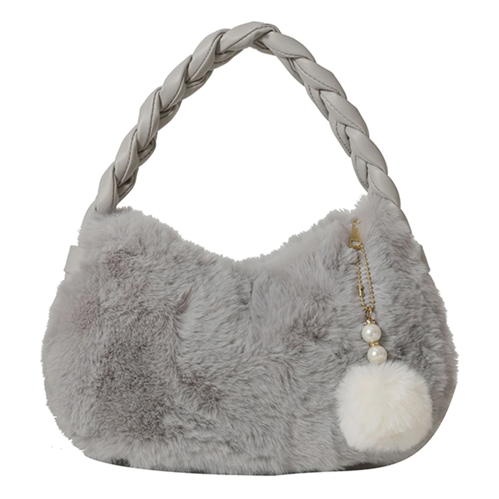 Ladies Faux Fur Hobo Bag Solid Color Mini Casual Bag PU Braid Strap Stylish Wrist Bag with Pearl Fuzzy Pendant Gifts for Friends