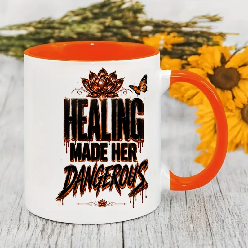 Healing Made Her Dangerous Lotus Butterfly Quote Ceramic Coffee Mug, 11oz 350ml Colorful Print Mug, Personalized Custom Cute Aes