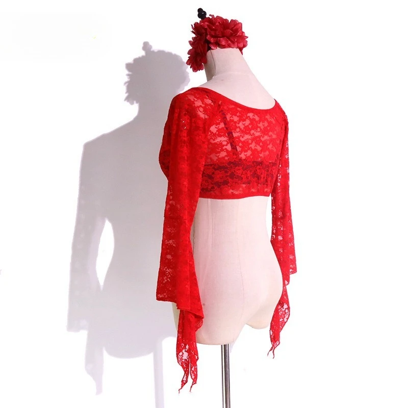 customized Belly Oriental Dance Costume Practice Dress New Lace Chest Top with Trumpet Sleeves