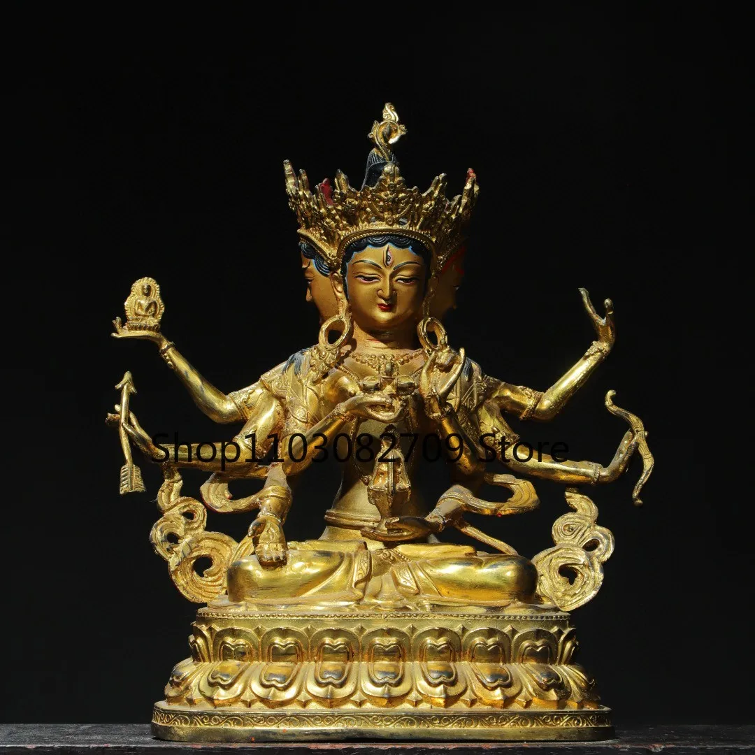 Tibetan brass gilt painted three sides and eight arms Zunsheng Buddha Guanyin Tara ornament Home Buddhist Hall ornament 30 cm