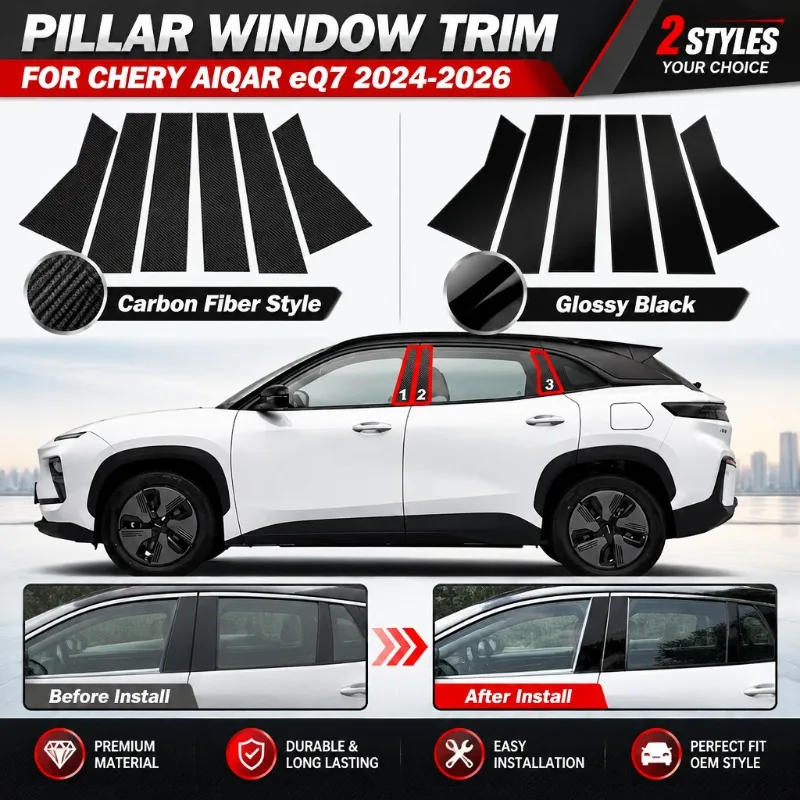 6Pcs Glossy Piano Black/Carbon Fiber Window B C Pillar Post Trim Cover For Chery AIQAR eQ7 2024 2025 2026 Door Column Sticker