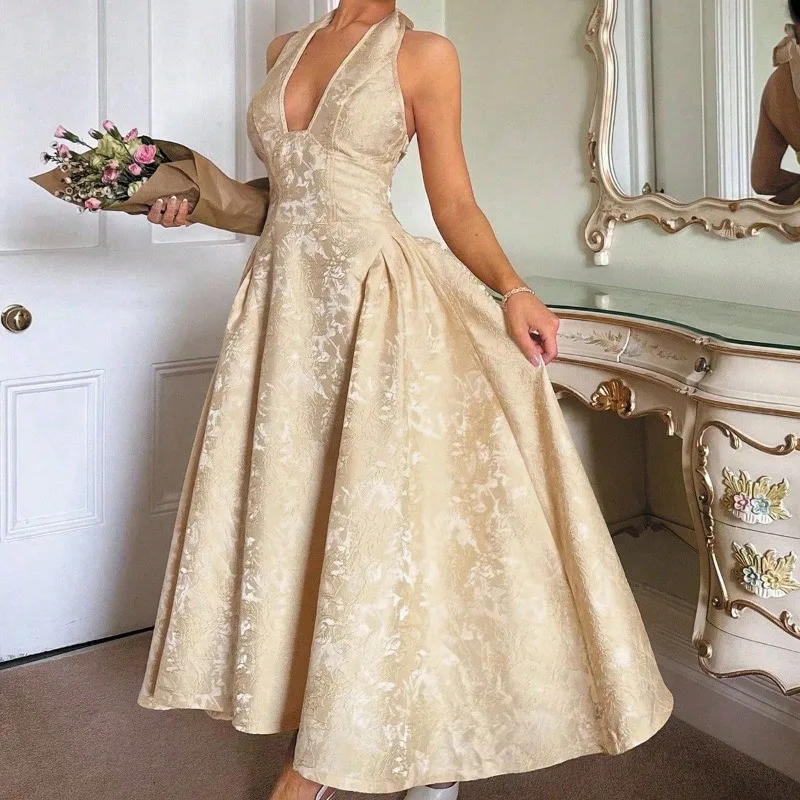 Neue Club-Abendkleider für Damen 2026 – Sommerliches, sexy Neckholder-Maxikleid mit Schleife, elegantem Jacquard und rückenfreiem Design zum Geburtstag